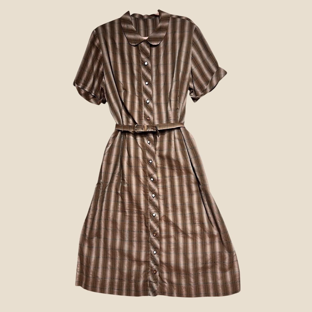 Vintage 1950s Hand Sewn Plaid Cotton Dress Peter Pan Collar Belted Pockets Brown